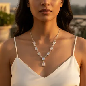 Collar de Piedra Lunar con Baño de Rodio para Mujer, Opción de Regalo, Cadenas de Plata 925, Granate, Cuarzo, Topacio, Amatista - Product Image 2