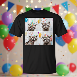 Camiseta Raccoon Photobooth con diseño de sombrero de cumpleaños, unisex, talla pequeña, camiseta con estampado de animales, camiseta con tema de fiesta - Product Image 3