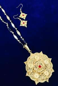 24K <b>Gold</b> Plated Dubai Vintage Jewelry <b>Set</b> Includes Necklace Earrings <b>Bangles</b> Combs Brooches Diamond Copper Material Bulgaria - Product Image 5