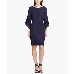 Robe fourreau bleu marine DKNY pour femme avec manches cloche plissées, coupe trapèze, en crêpe de luxe, taille XL - Idéale pour les fêtes d'anniversaire - Product Image 1