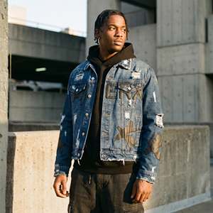 Custom Heavyweight Blue Denim Jacket <b>Men</b> Distressed Ripped Puff Print Rhinestone Star Boxy Fit Vintage Wash <b>Sherpa</b> Letter - Product Image 2