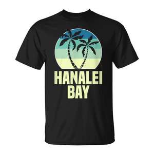 T-shirt rétro avec motif palmier et coucher de soleil de Hanalei Bay, vêtement promotionnel élégant - Product Image 1