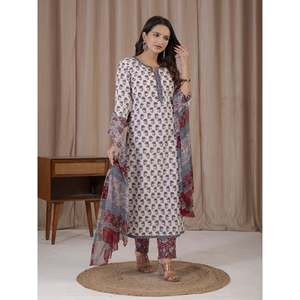 Ethnic White Grey Hand Drawn <b>Block</b> <b>Printed</b> Cotton Kurta Pant Set Latest Design Anarkali Salwar Suit for Party Wear Made Net - Product Image 6