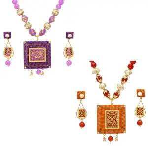 Đá ThủY Tinh Màu Cam & Tím Jaipur Mart Mạ Vàng, Hạt Màu, Vòng Cổ Ngọc Trai Với Hoa Tai Combo 2 Miếng