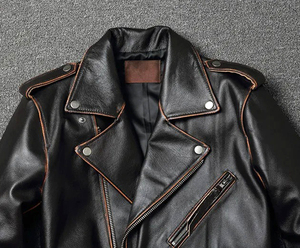 Classic Sales Genuine Leather Jacket for Motor Bikers <b>Slim</b> Cowhide Coat with Vintage Fashion Plus Size Canvas Fabric - Product Image 4