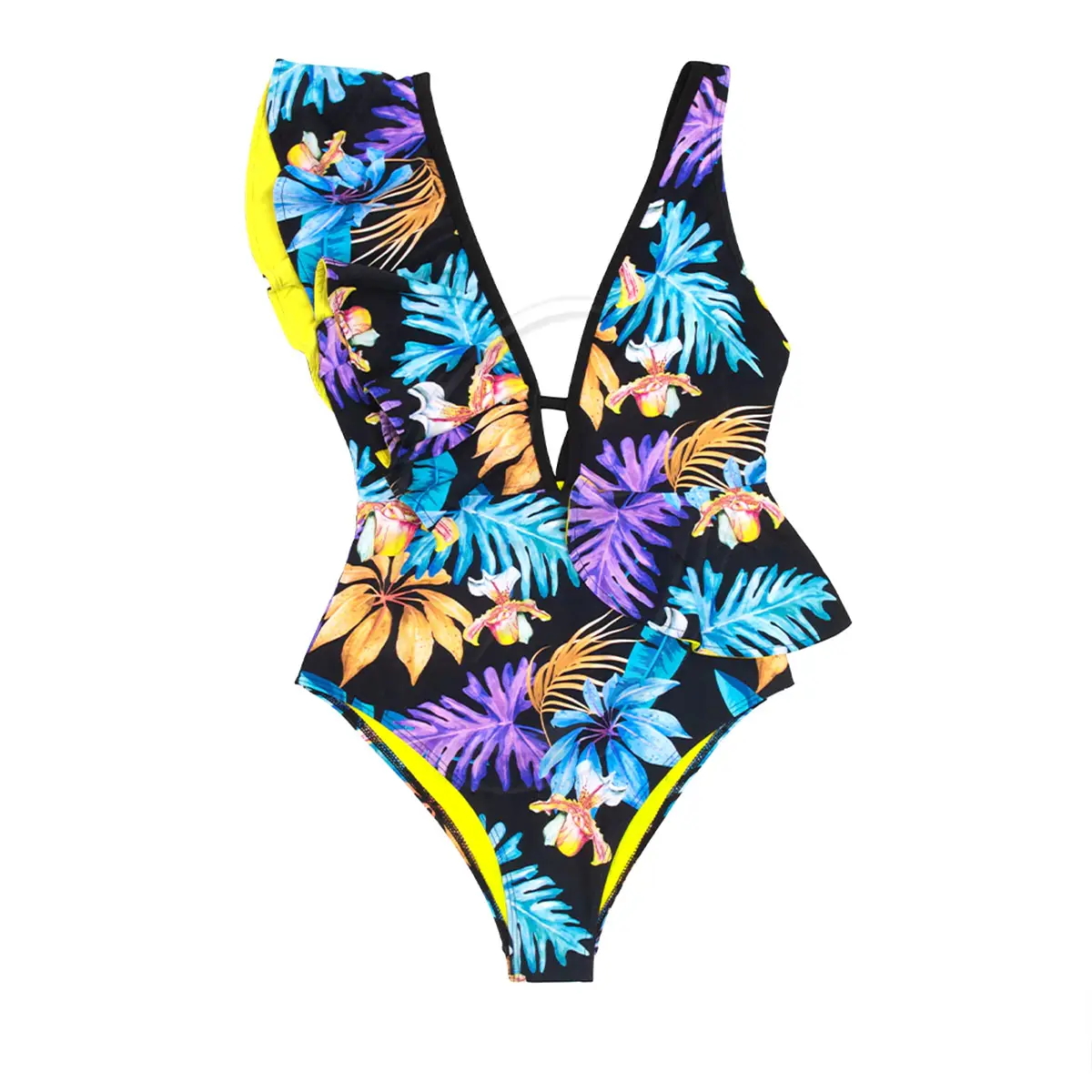 Floral Sexy Backless Beachwear Monokini Beach Bathing Suits Swimwear Custom Plunge Neck Ruffle Swimsuit For Women