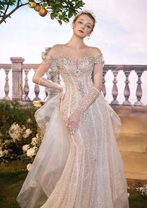 ชุดแต่งงานคอวี2023เซ็กซี่ชุดนางเงือกแบบสายลูกไม้หางยาว2 in 1ประดับด้วยลูกปัด TNBPno18ทำด้วยมือ - Product Image 2