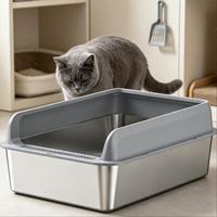 Bac à litière pour chat en acier inoxydable de grande capacité, pour les foyers multi-chats, facile à nettoyer, design semi-ouvert