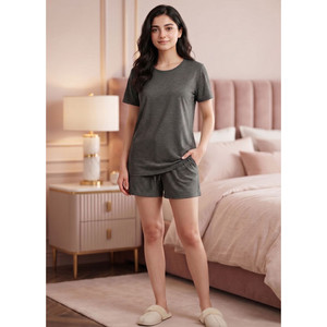 Women's Comfortable & Breathable Custom Logo Knitted Grey Elastic Waist Short-Sleeved 2-Piece Shorty <b>Summer</b> Casual Homewear - Product Image 1