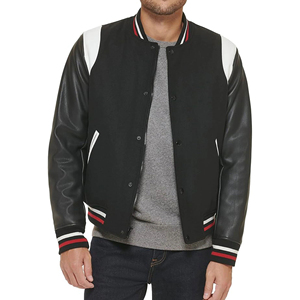 <b>Men's</b> Black Varsity <b>Jacket</b> With PU Leather Sleeves And <b>White</b> Shoulder Panels Regular Fit Autumn Casual Wear - Product Image 4