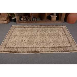 Alfombra turca Vintage de área grande de 3,9x6,6 pies, patrón de retazos marrón beige clásico, Material de lana, respaldo de látex para pasillo de dormitorio - Product Image 4