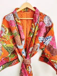 Kimono de edredón Kantha hecho a mano para mujer, estampado de Color naranja, excelente calidad, 100% algodón Natural disponible, precio a granel, India - Product Image 5