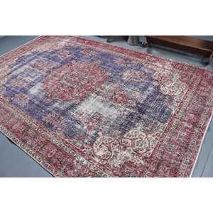 Tapis turc vintage, tapis de 6,9 x 10,6 pieds, tapis en laine patchwork rouge et bleu - Product Image 4
