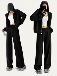 JELEEY Set da yoga con cappuccio in 2 pezzi, top corto, pantaloni a gamba larga con coulisse, colore solido, rayon/spandex, traspirante, ad asciugatura rapida - Product Image 2