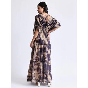 Vestido Maxi Estampado Tie Dye para Mujer con Cuello en V, Cintura Fruncida, Largo y Fluido, Estilo Boho para Vacaciones - Product Image 4