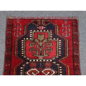 พรมตุรกีขนาด 1.5x2.7 ฟุต พรมโบราณขนาดเล็ก พรมลายปะติดสีแดงน้ำเงิน - Product Image 3