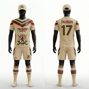 Uniforme de hockey sobre césped para hombre, malla de poliéster transpirable premium de 180 g/m², diseño de paneles en verde claro, azul marino y dorado, conjunto con logotipo personalizado por sublimación. - Product Image 3