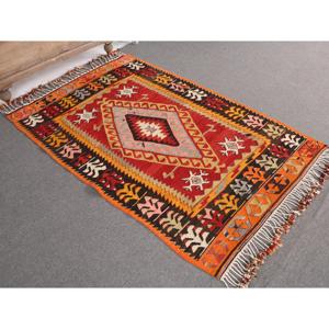 3.6x5.6 ft Rug, Vintage Turkish Accent Rug, <b>Red</b> Kilim <b>Wool</b> Rug - Product Image 1