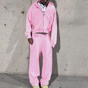Fabricant Vintage personnalisé survêtement lavage à l'acide éponge française fermeture éclair DTG impression strass rivet sweats à capuche pantalons de survêtement survêtements - Product Image 5