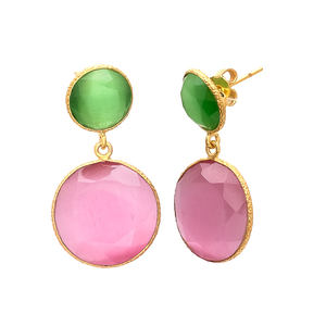 Pendientes de diseño de aro redondo con estilo dorado con hermosa chaceldony rosa y pendientes de piedras preciosas verdes de Gemstone - Product Image 1