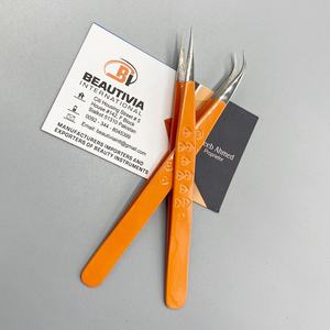 Pinzas de extensión de pestañas de acero inoxidable con logotipo personalizado más vendidas Punta puntiaguda recubierta de naranja ecológica sostenible - Product Image 3