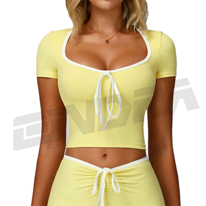 เสื้อครอปแขนสั้นมีโบว์สำหรับผู้หญิงเสื้อโยคะบล็อกสีเสื้อออกกำลังกายเล่นยิมวิ่งออกกำลังกายทันสมัย - Product Image 2