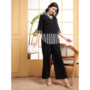 Deebaco Women's Cotton Black Striped Co-Ord Set Casual Crepe <b>Top</b> With Ankle Length Trousers Western Summer Two Piece Outfit - Product Image 1
