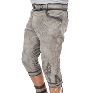 Traditional Men's Solid Vintage Knee Length Lederhosen Genuine Cowhide <b>Suede</b> Leather Embroidery Front Buttons High Waist <b>Belt</b> - Product Image 5