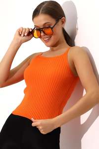 Women's Orange Rib Knit Sleeveless <b>Cami</b> <b>Top</b> O-Neck Casual Solid Color Breathable Stretch Fit Summer Wear - Product Image 4