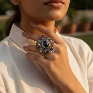 แหวนค็อกเทลพลอยไพลินและทับทิมสำหรับผู้หญิง ชุบทอง ดีไซน์วินเทจทันสมัย ประดับทองแดง - Product Image 3