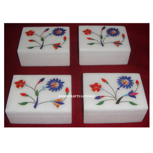 Boîtes à bijoux en marbre blanc pur incrusté à la main de meilleur concepteur indien de boîte rectangulaire en marbre de super finition à usage polyvalent - Product Image 1