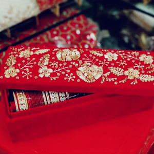 Personalized Red Velvet Bracelet Bangle <b>Box</b> Handcrafted Embroidered <b>Bridal</b> Jewelry Storage Wood Trousseau Packaging for Weddings - Product Image 1