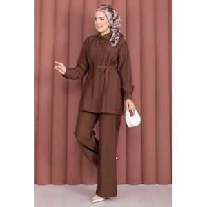 Conjunto Casual de Dos Piezas de Lino para Mujer, Túnica con Cinturón y Pantalones, Talla XS, Conjunto Corto de Oficina - Product Image 4