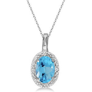 Collier pendentif en or blanc 14 carats avec topaze bleue ovale et diamants, style classique de fiançailles avec pierres de 0,59 ct - Product Image 1