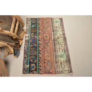 Tapis Turc Vintage 2.2x3.3ft Bleu Beige Tissage Plat Laine Patchwork Motif pour Salon Couloir Décorations Latex Soutenu - Product Image 1