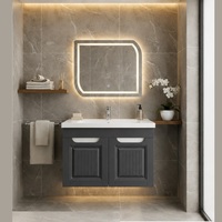 Meuble-lavabo mural moderne pour salle de bain avec miroir LED tactile, armoire en MDF crème, vasque en céramique, design minimaliste, rond, 60 pouces