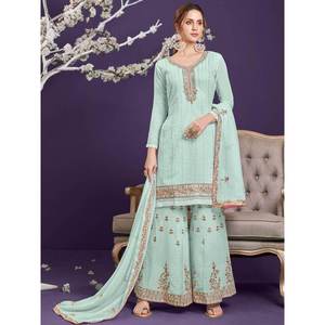 Traje Sharara de Fiesta en Georgette Color Verde Azulado para Mujer, Conjunto de Traje con Delicado Trabajo de Hilo - Product Image 2