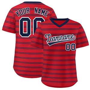 Jersey de béisbol rojo personalizado rayas nombre del equipo personalizado número transpirable sublimación cuello en V uniforme 100% poliéster secado rápido - Product Image 1