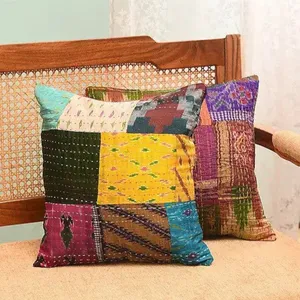 El yapımı renkli Patola minder örtüsü dekoratif ipek Kantha Patchwork yastık örtüsü