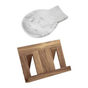 Resto de cuchara de mármol y libro de recetas de madera Soporte de cocina de metal para espátulas Cucharas Pinzas Más - Product Image 1