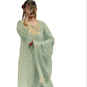Indian Manufacture Supplier <b>Present</b> Fashion Designer Indian Pakistani Lawn Linen Cotton Heavy Work Dress for Sale - Product Image 1