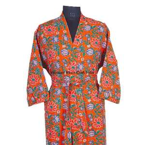 Handmade Kantha Quilted Reversible Breathable Knitted Belt Kimono Robe Cotton Hand-painted Women <b>Long</b> Jacket <b>Summer</b> Sleepwear - Product Image 3