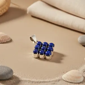 Pendentif en argent 925 avec lapis-lazuli pour femmes, plaqué rhodium, or blanc, bijoux en pierres précieuses avec motif religieux, charme - Product Image 2