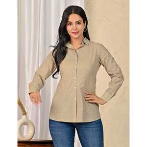 Chemise ample pour femme en coton vert imprimé, manches longues, logo brodé, style décontracté, boutons tissés, longueur longue, saison automne - Product Image 6