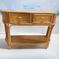 Table console rustique artisanale en rotin naturel et bambou durable avec deux tiroirs spacieux tressés et étagère inférieure pour salon