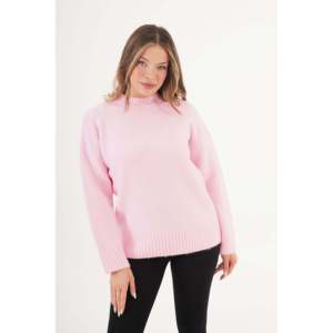 Lustrin Women's Basic Ribbed Detail Pink Knit <b>Pullover</b> <b>Sweater</b> - Wholesale Standard Fit Acrylic Blend Jumper Top - Product Image 1