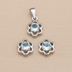 Ensemble tendance de collier et boucles d'oreilles pendantes en argent sterling 925, 3 pièces, topaze bleue, plaqué or, floral, fiançailles, mariage, anniversaire - Product Image 4
