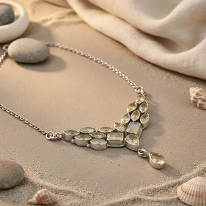 Collier Géométrique Femme en Argent 925 Plaqué Argent avec Topaze Sertie en Bezel, Style Bohème Perlé pour Usage Quotidien - Product Image 1