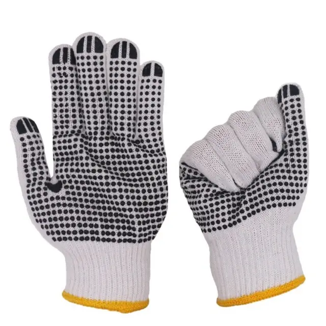 Мужская Бесшовная Трикотажная перчатка лучшего качества из хлопка/полиэстера с двусторонними черными точками из ПВХ, натуральная белая перчатка общего назначения