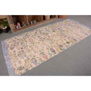 Vintage <b>Turkish</b> <b>Rug</b> 3.9 X 8.7ft Handmade Blue Beige Wool Latex Backing Patchwork for Bedside Rectangle Hallway New Design - Product Image 5